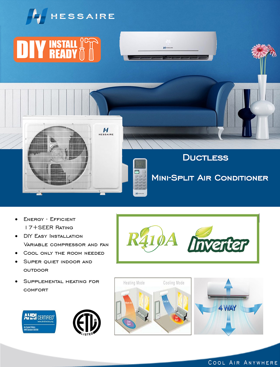 Hessaire 12000 BTU 1 Ton Ductless Mini Split Air Conditioner with Heat